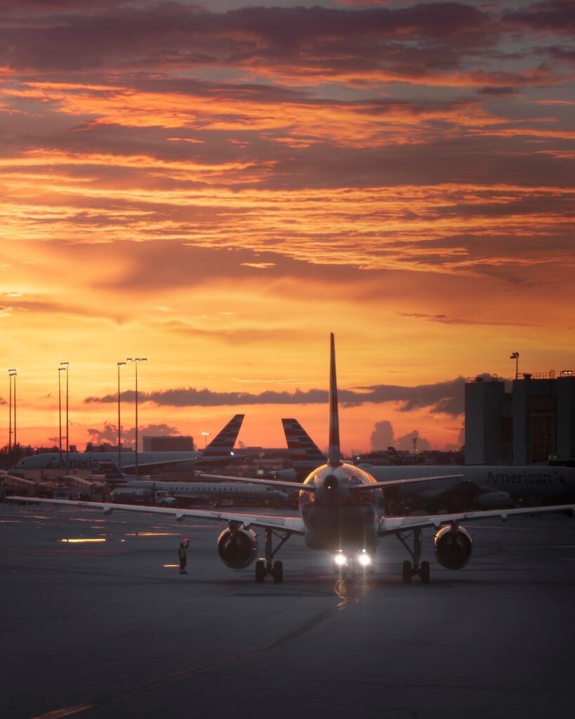 Passenger airplane at an airport for London to Seoul flight planning