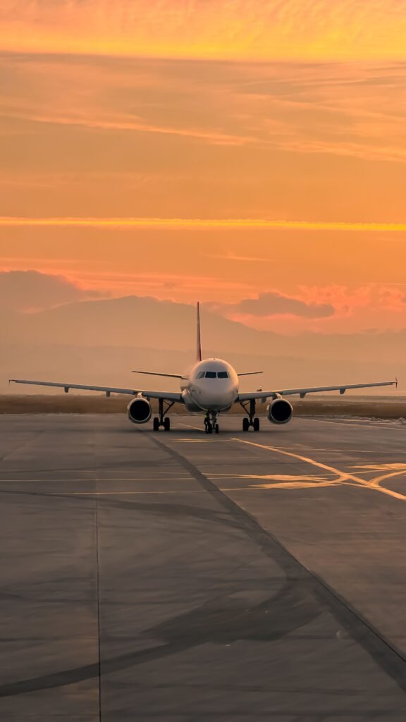 Commercial passenger aircraft at an airport for Paris to Seoul flight planning